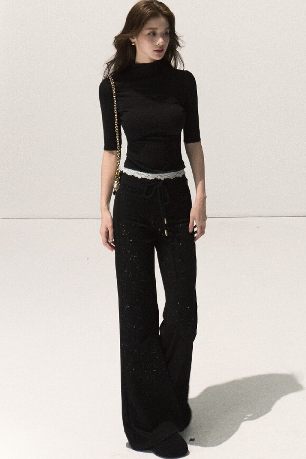 Silver-Embellished High-Waisted Wide-Leg Pants