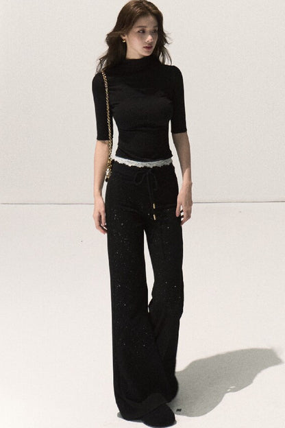 Silver-Embellished High-Waisted Wide-Leg Pants