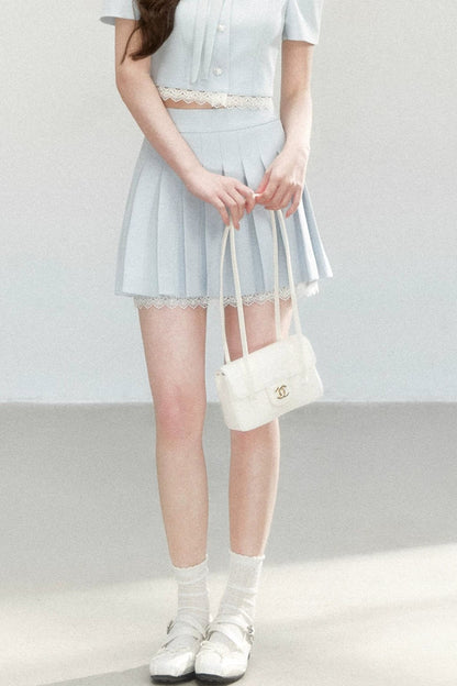 Pleated Short Sleeve Skirt Suit Set-Up
