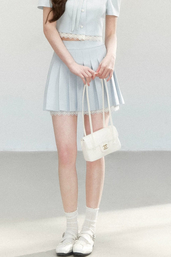Pleated Short Sleeve Skirt Suit Set-Up