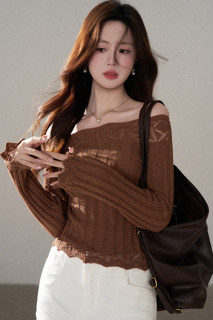 Off-Shoulder Lace Hollow-Out Knit Pullover