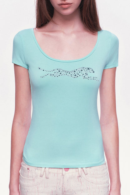 Large U-Neck Leopard Print Slim-Fit Short-Sleeve T-Shirt