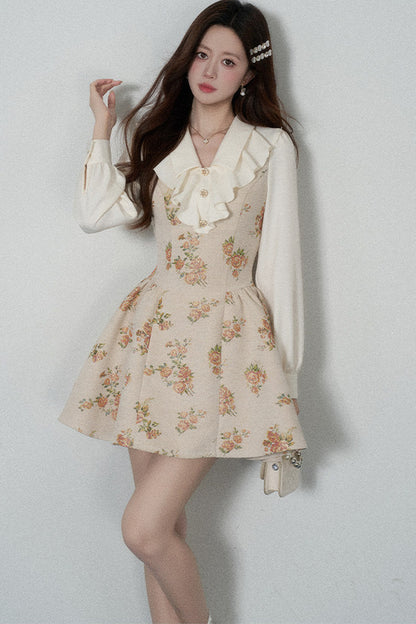 Floral Lantern Sleeve Ruffle Collar Dress