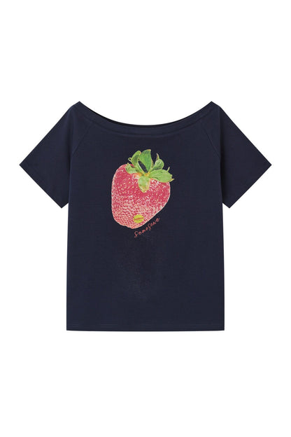 Strawberry Print One-Shoulder Blouse