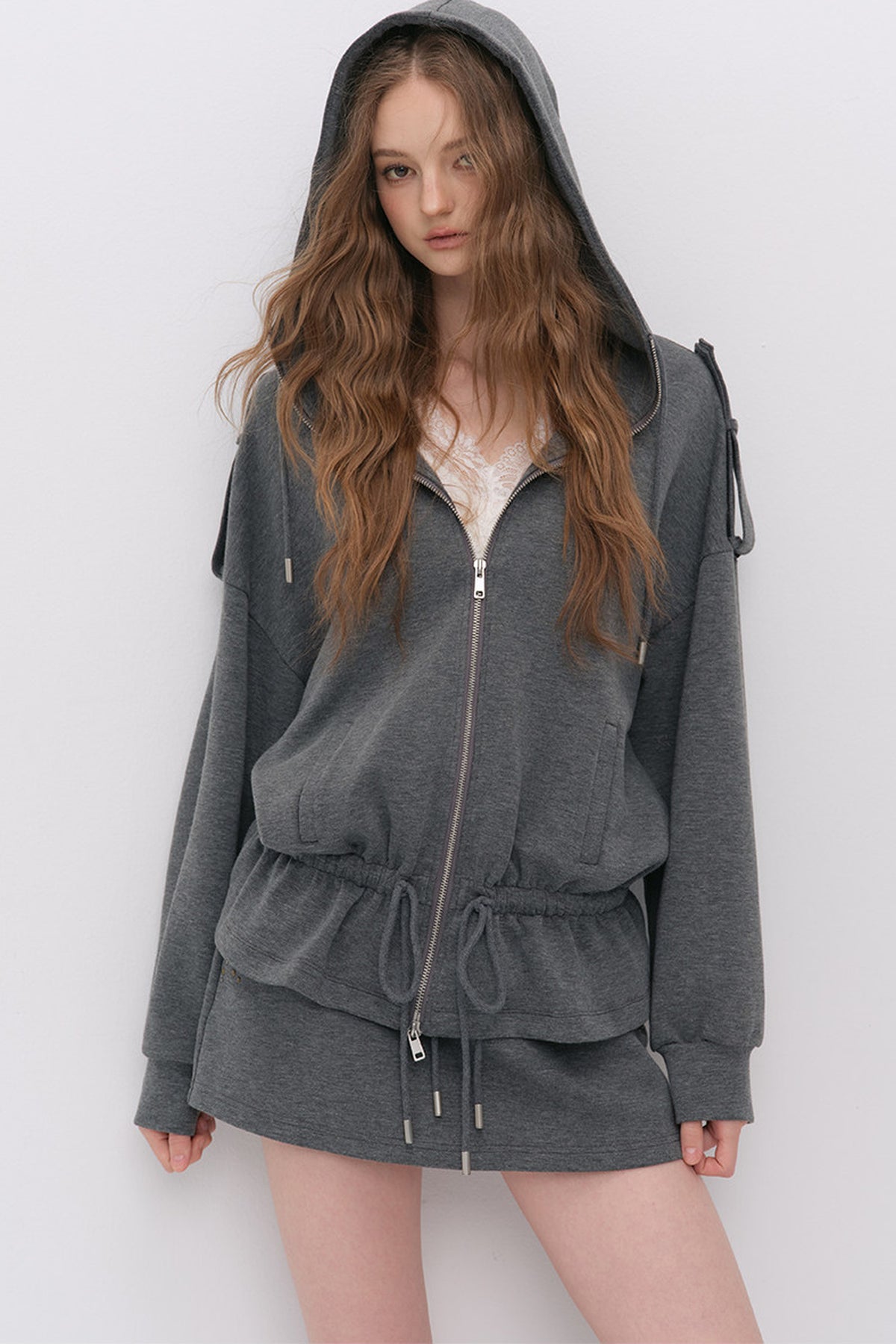 Silhouette Drawstring Hoodie and Studded Skirt Set-Up