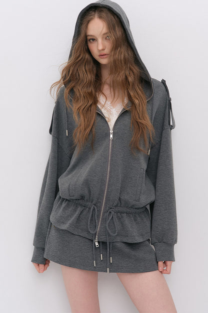 Silhouette Drawstring Hoodie and Studded Skirt Set-Up
