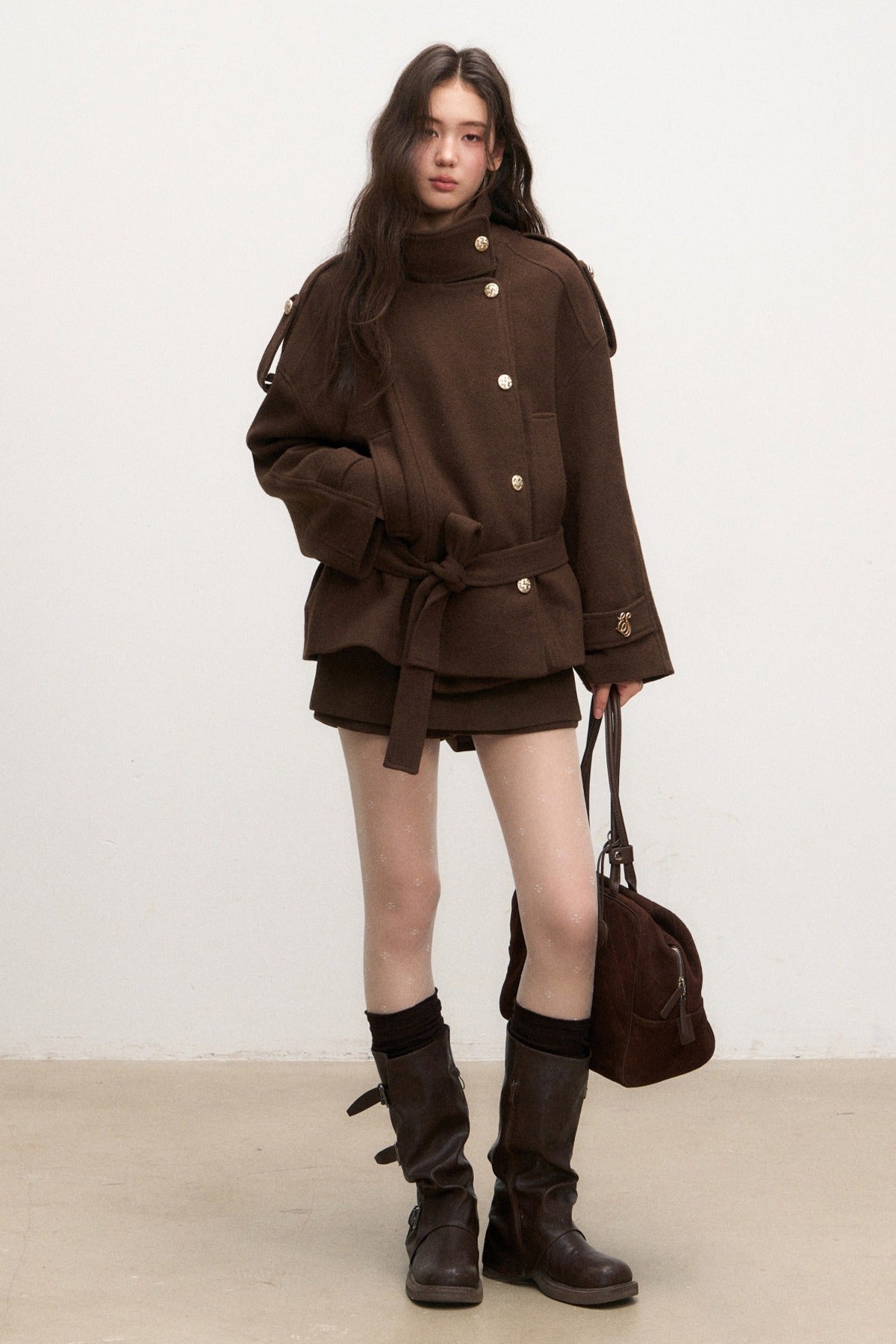Stand-Collar Lace-Up Coat and Skirt Set-Up