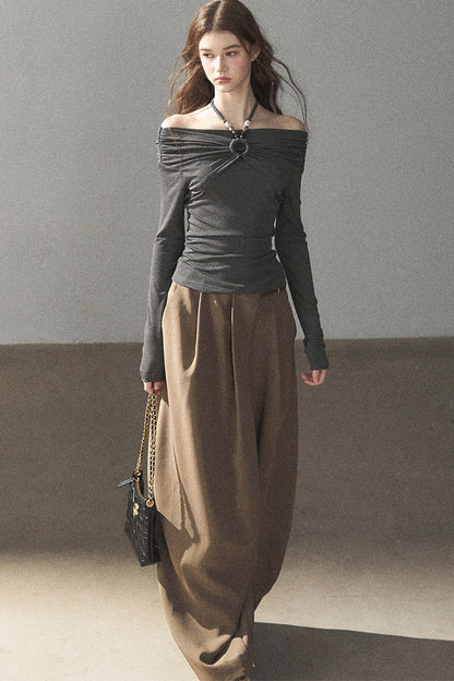 One-Shoulder Long-Sleeve Halter Blouse