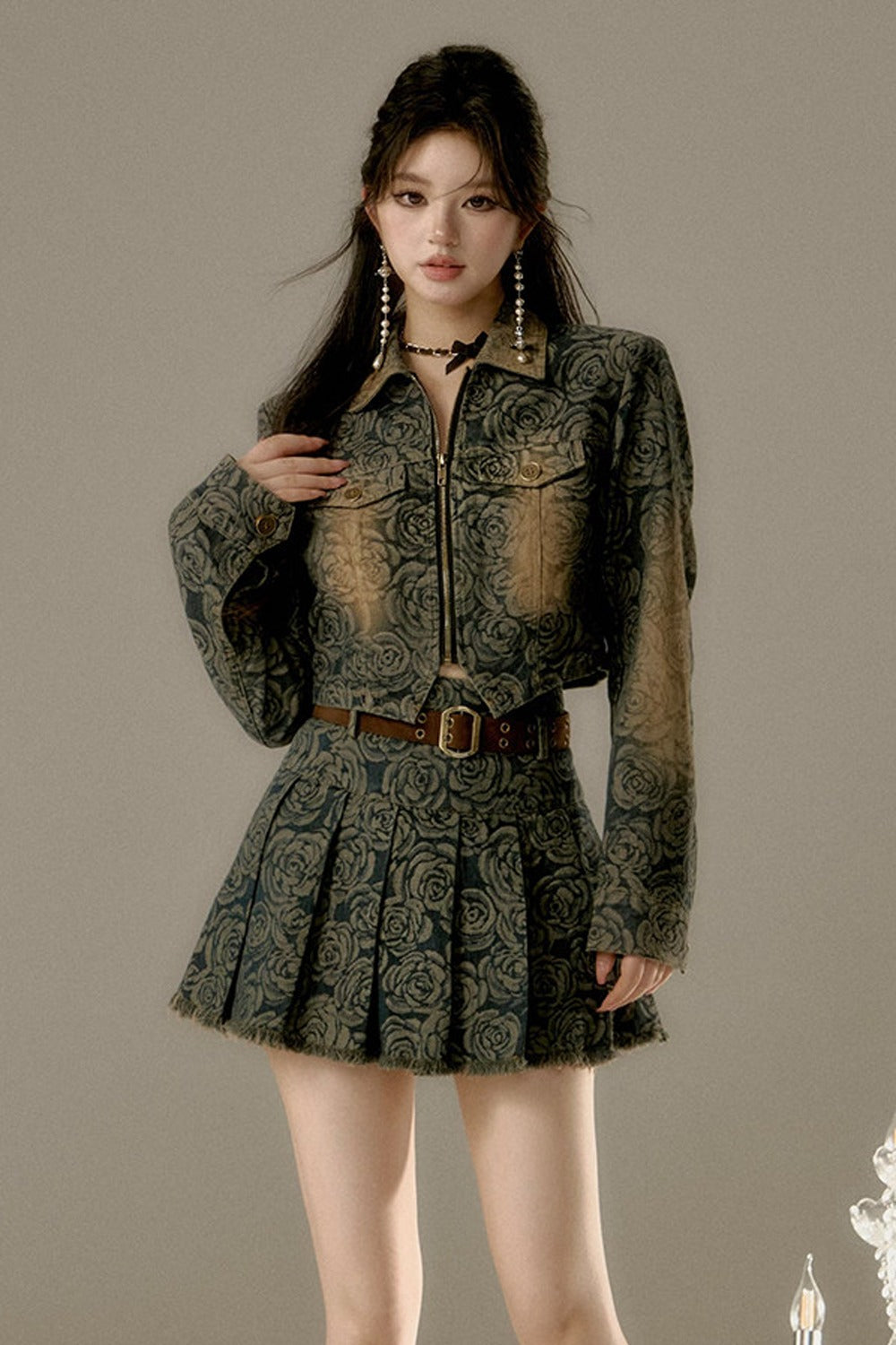 Floral Denim Skirt With Belt