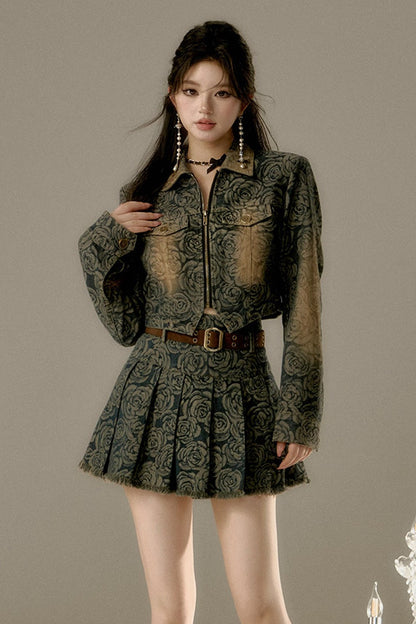 Floral Denim Skirt With Belt