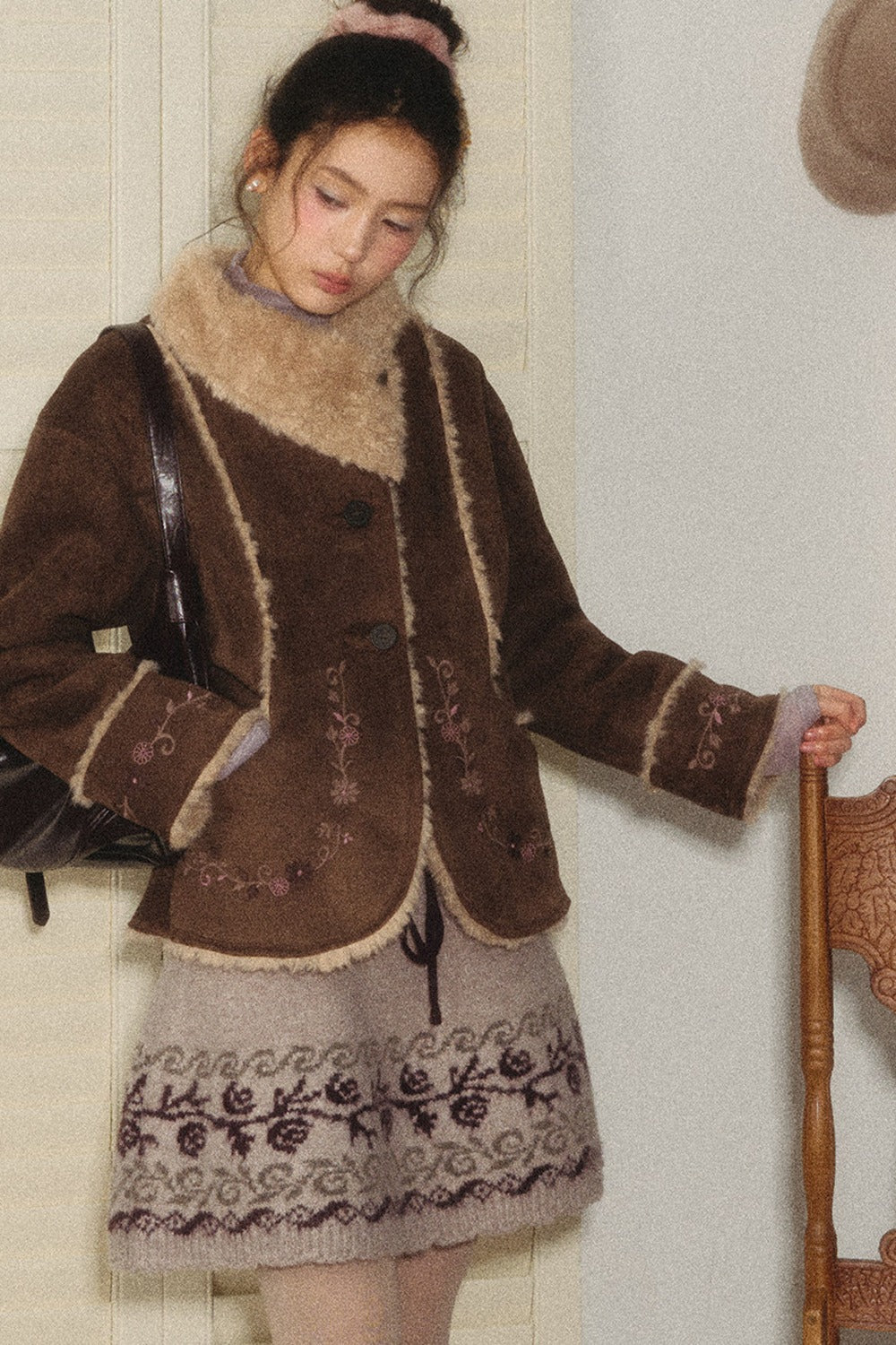High-Waisted Floral Jacquard Knit A-Line Drawstring Skirt Set-Up