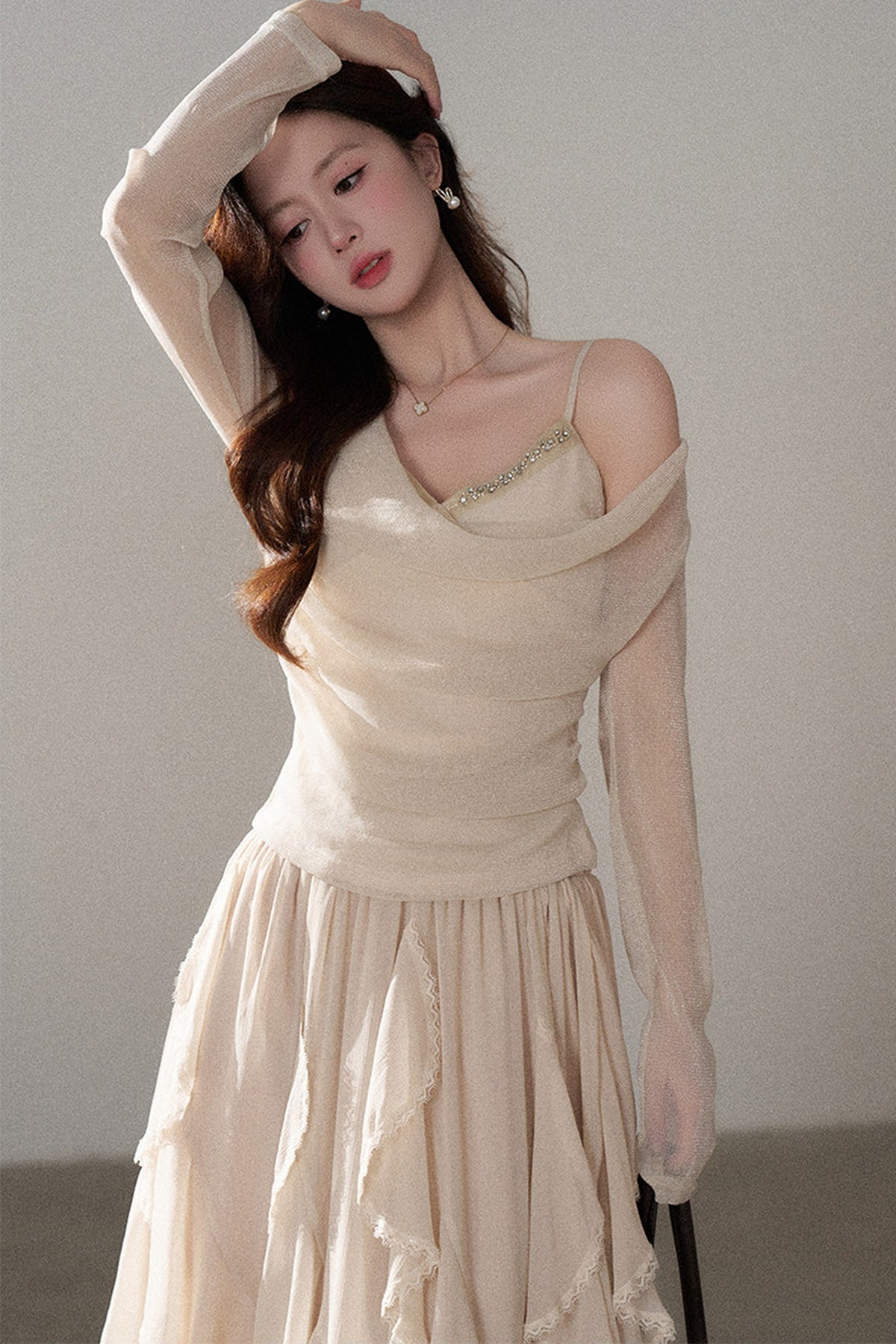 Off-Shoulder Rhinestone Knit Top and Skirt Set-Up