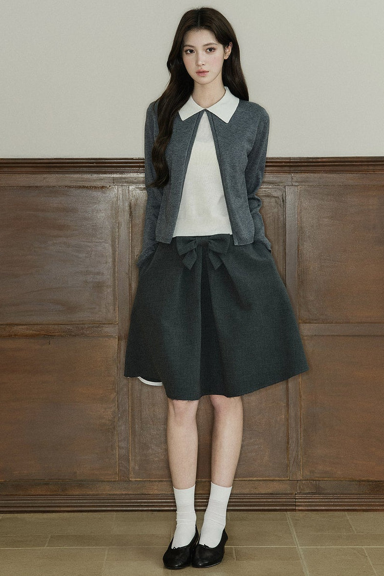 Mid-Waist Bow A-Line Frayed Skirt