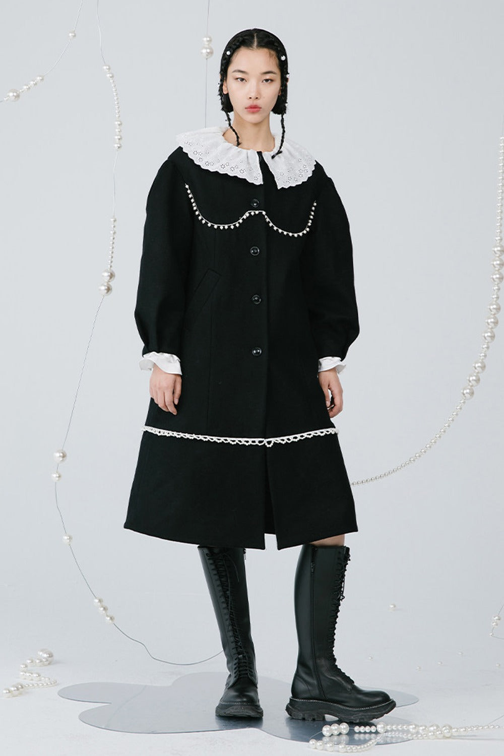Black Pearl Lace Wool Coat