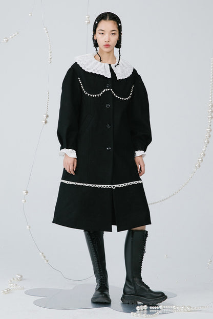 Black Pearl Lace Wool Coat