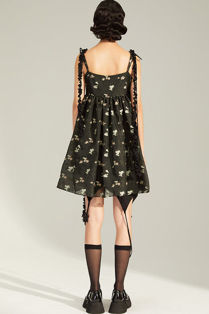 Floral Jacquard Ruffle Strap Dress