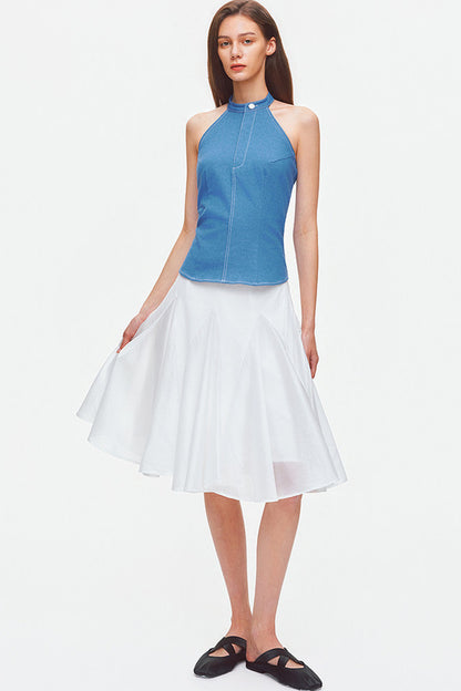 Top all'americana in denim con cuciture a contrasto e schiena scoperta