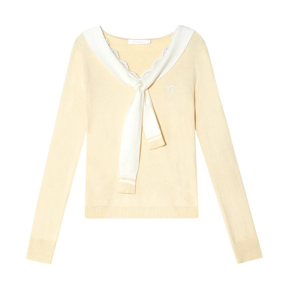 Cream Contrast Lace Tie Knit Sweater
