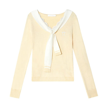Cream Contrast Lace Tie Knit Sweater