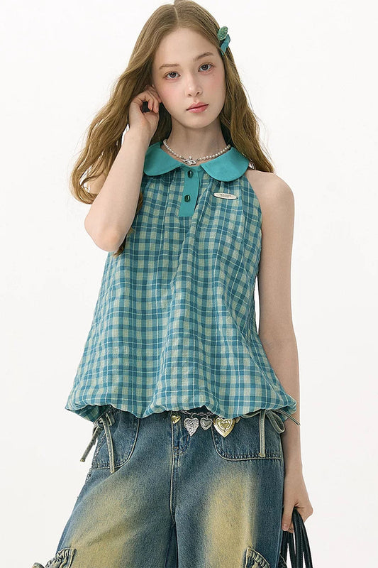 Blue Green Plaid Ruffled Halter Top