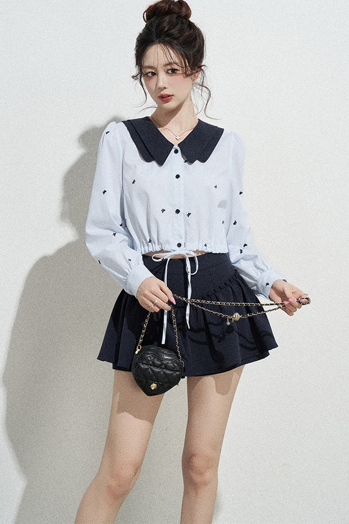 Doll Collar Drawstring Long-Sleeve Shirt and Skirt Set-Up