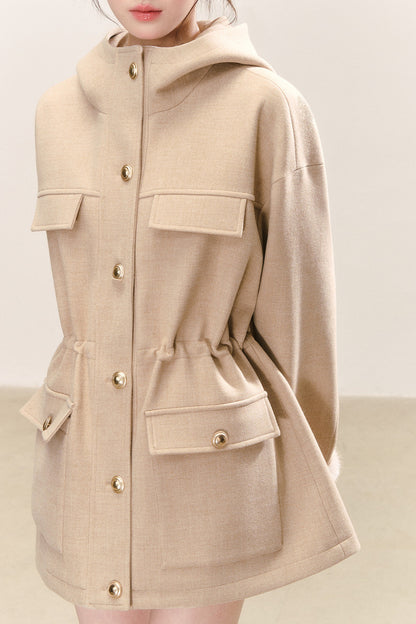 Multi-Pocket Hooded Woolen Parka Jacket