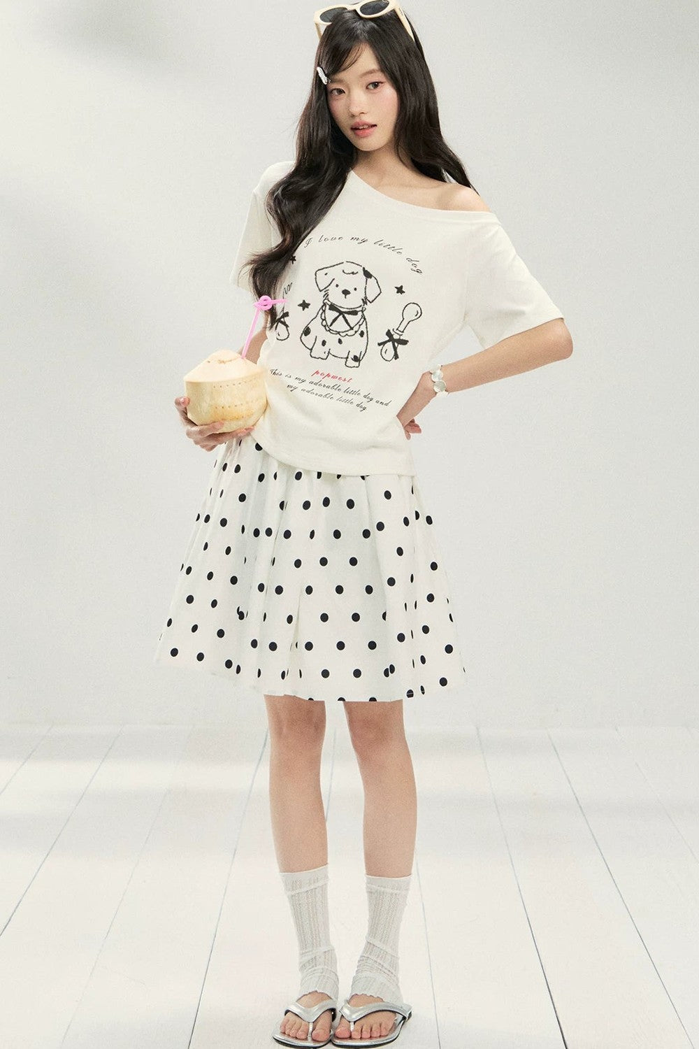 White Puppy Print Off-Shoulder Tee