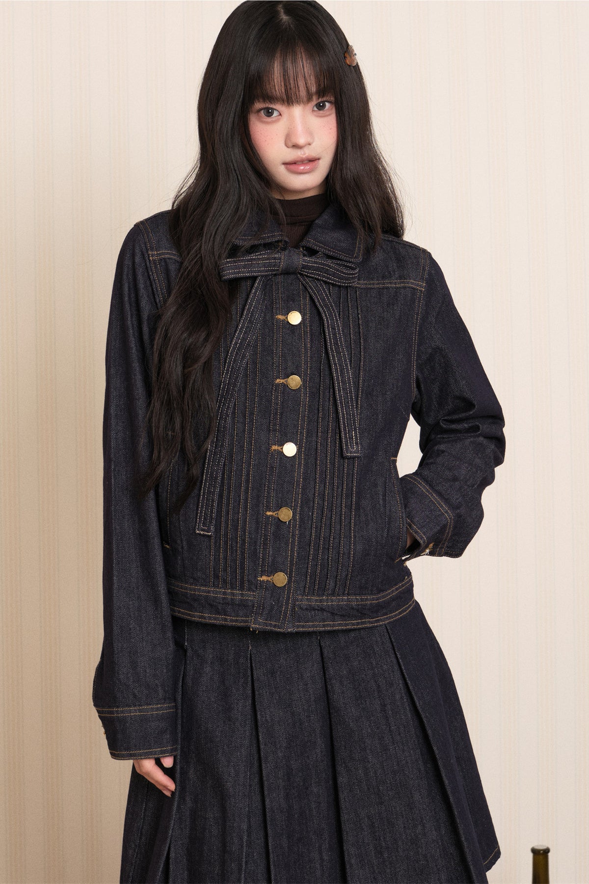 Washed Denim Lapel Tie Jacket