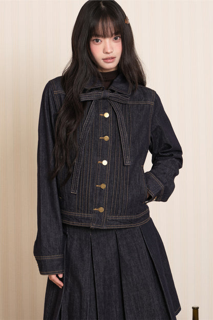 Washed Denim Lapel Tie Jacket