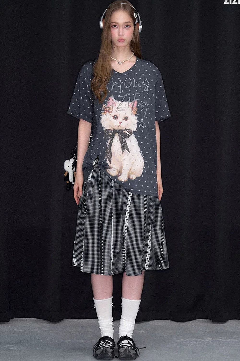 Top Scollo a V Grigio con Pois Gatto