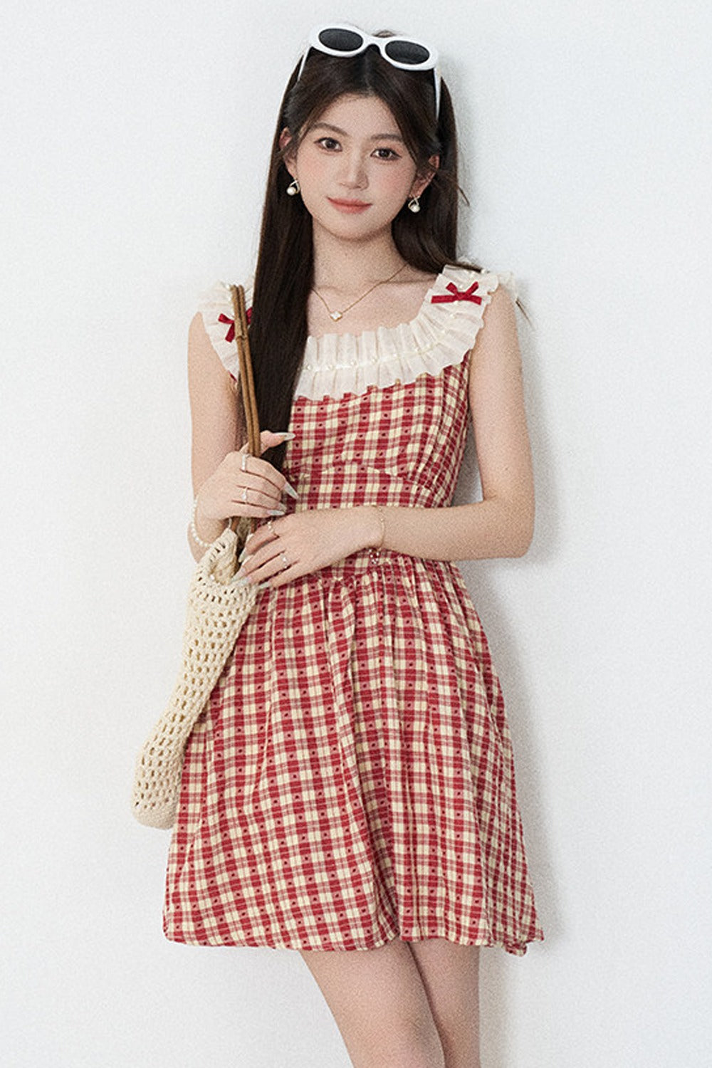 Red Plaid Sleeveless Ruffle Dress