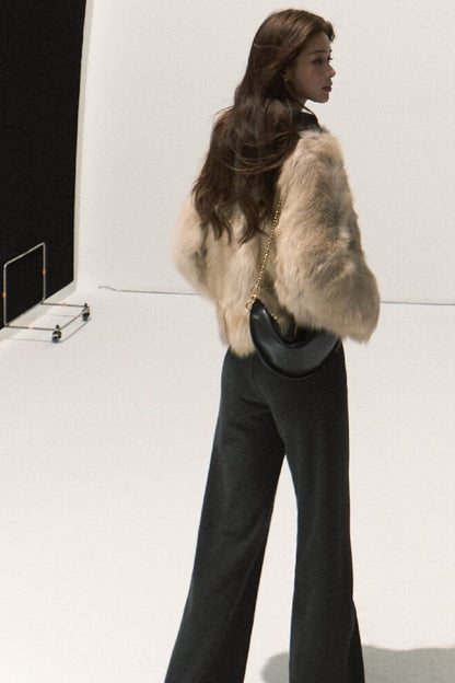 Detachable Fur Collar Knit Jacket and Wide-Leg Pants Set-Up