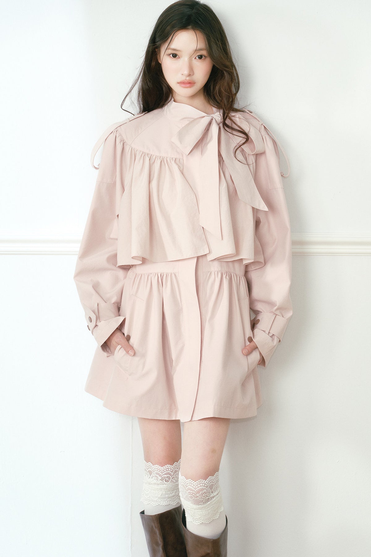 Ruched Bow Tie Cape Trench Coat