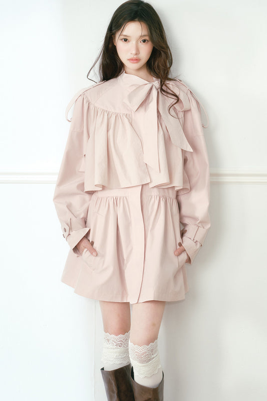 Ruched Bow Tie Cape Trench Coat