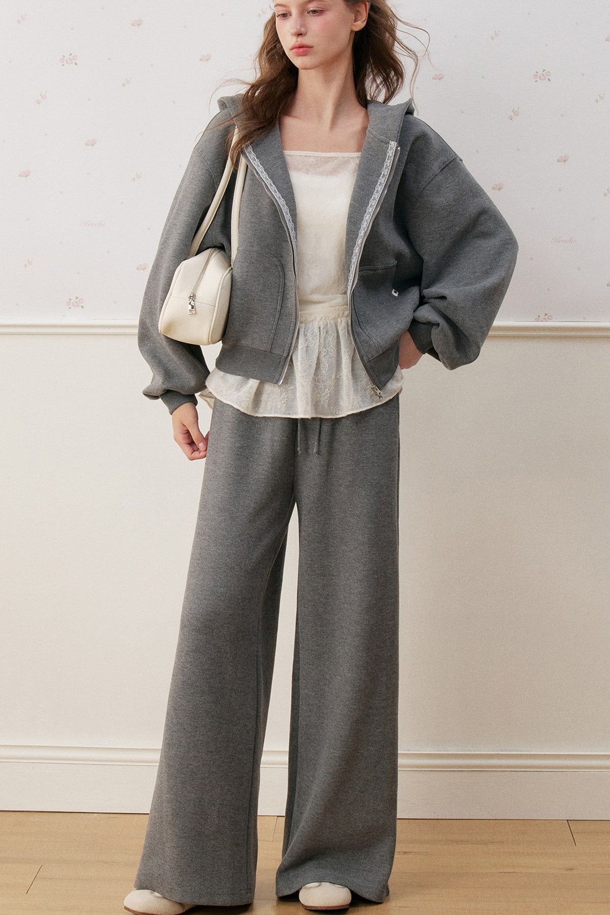 Lace Trim Double Zipper Hooded Jacket and Drawstring Pants Set-Up
