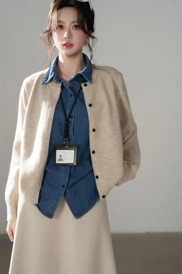 Layered-Look Denim Collar Sweater