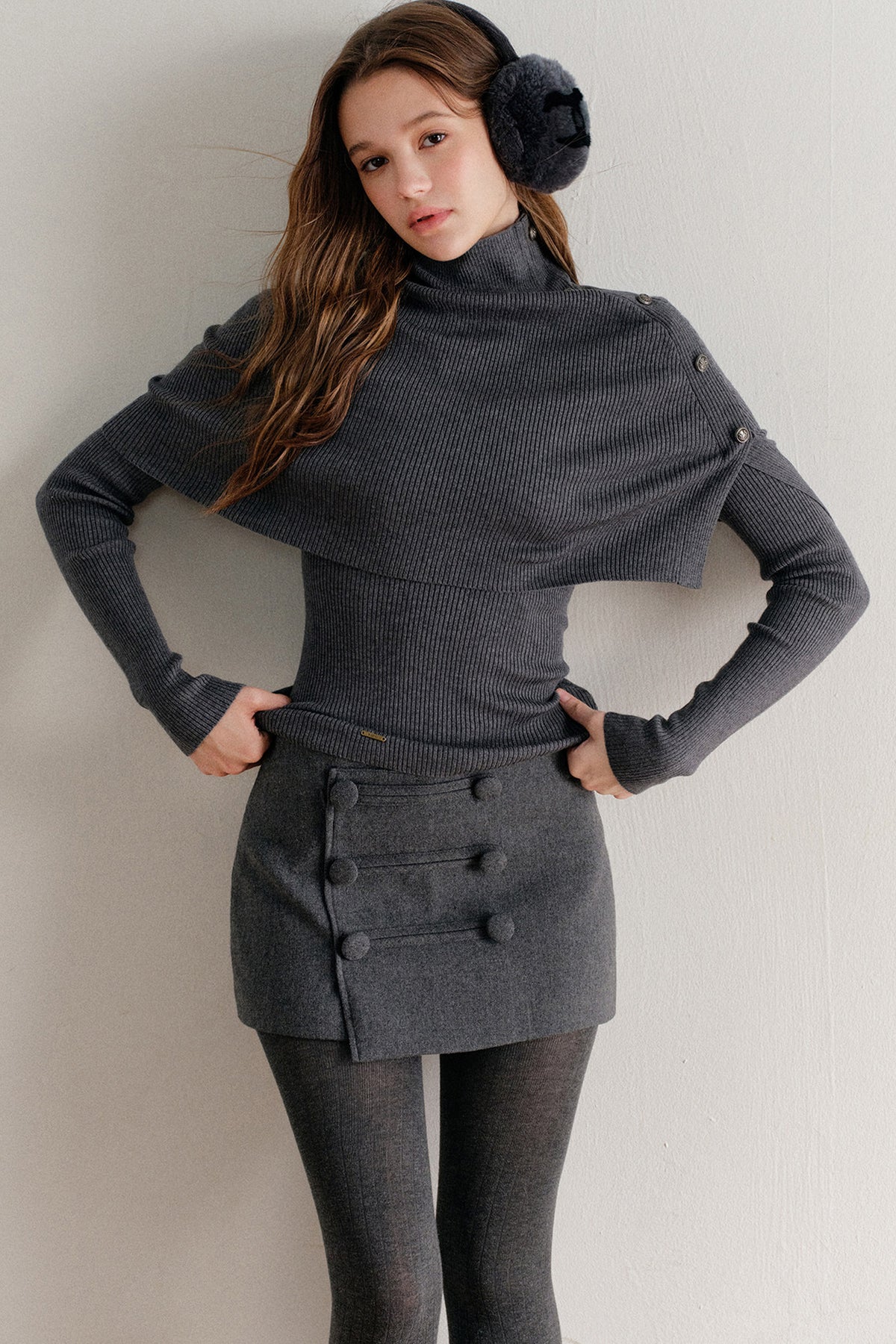 Wool Blend Double-Breasted Diagonal Placket Skirt