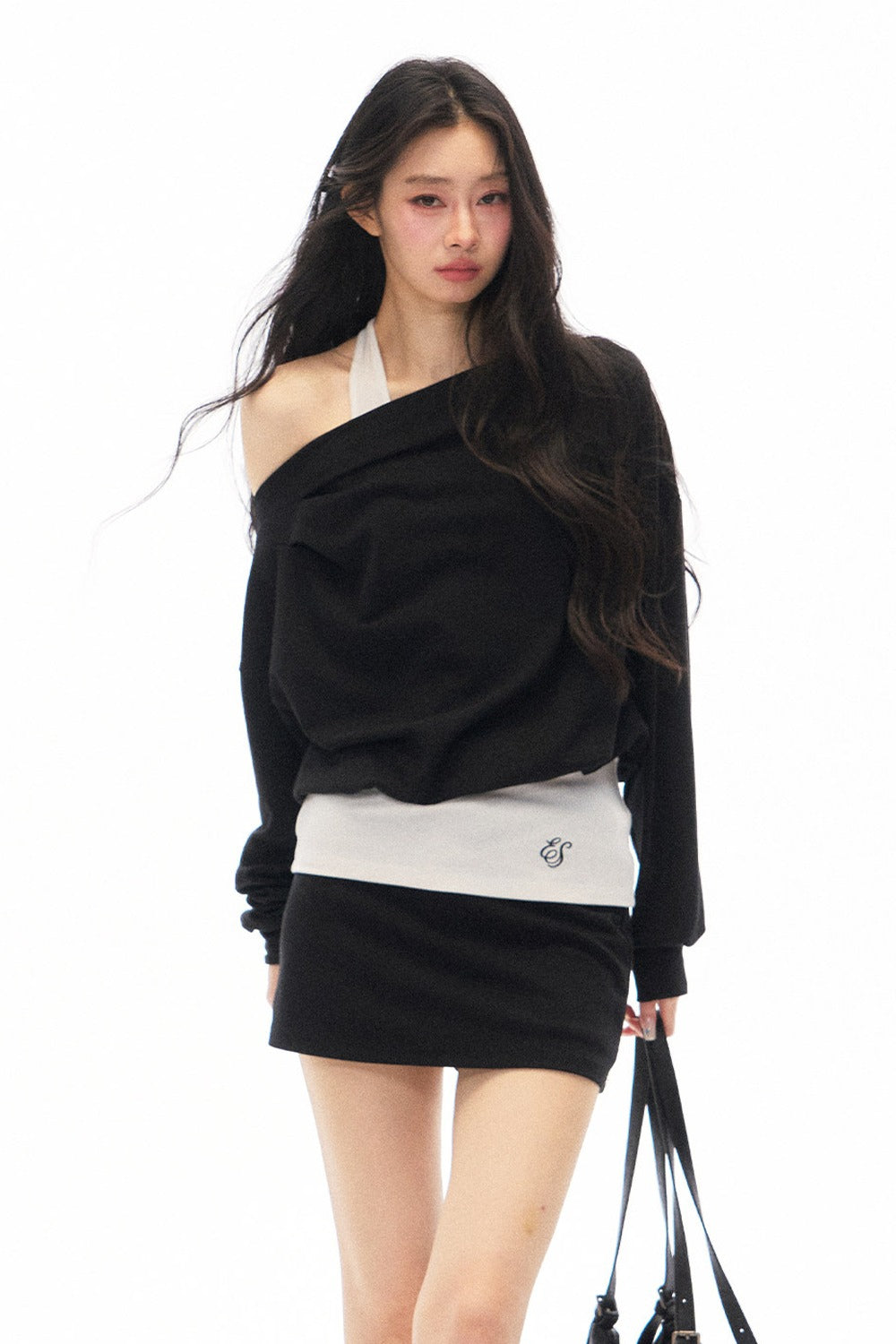 Black Asymmetrical Shoulder Long-Sleeve Top and Skirt Set-Up