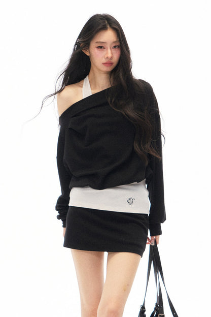 Black Asymmetrical Shoulder Long-Sleeve Top and Skirt Set-Up
