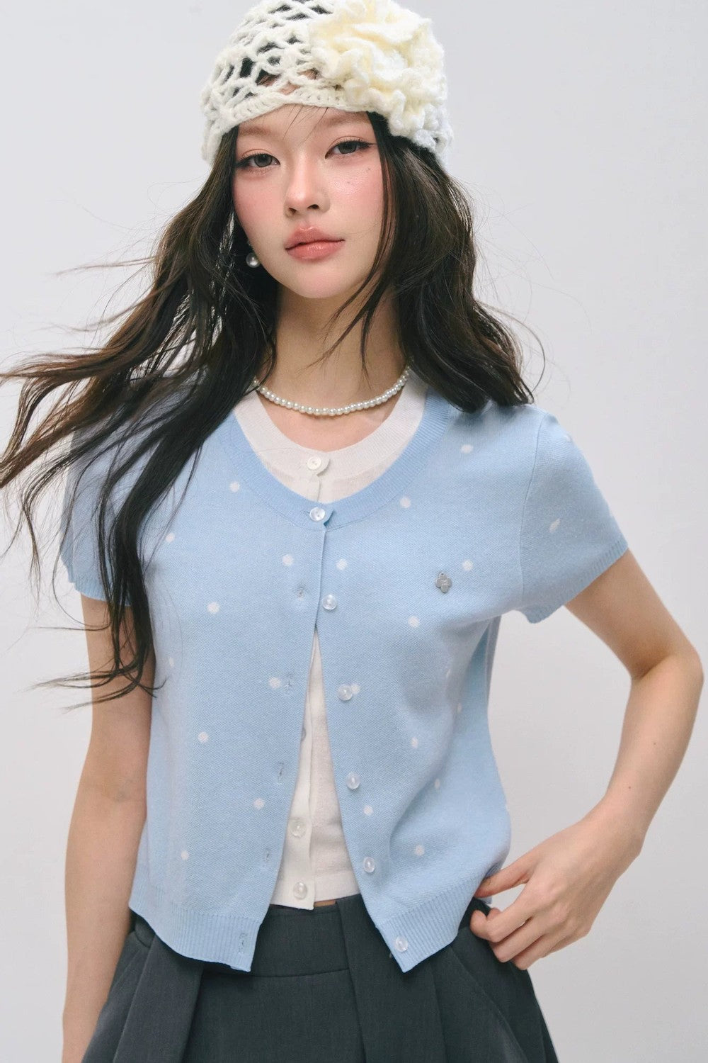 폴카 도트 니트 반소매 탑