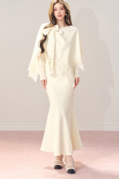 Artistic Bow Lace Knit Cape and Skirt Set-Up
