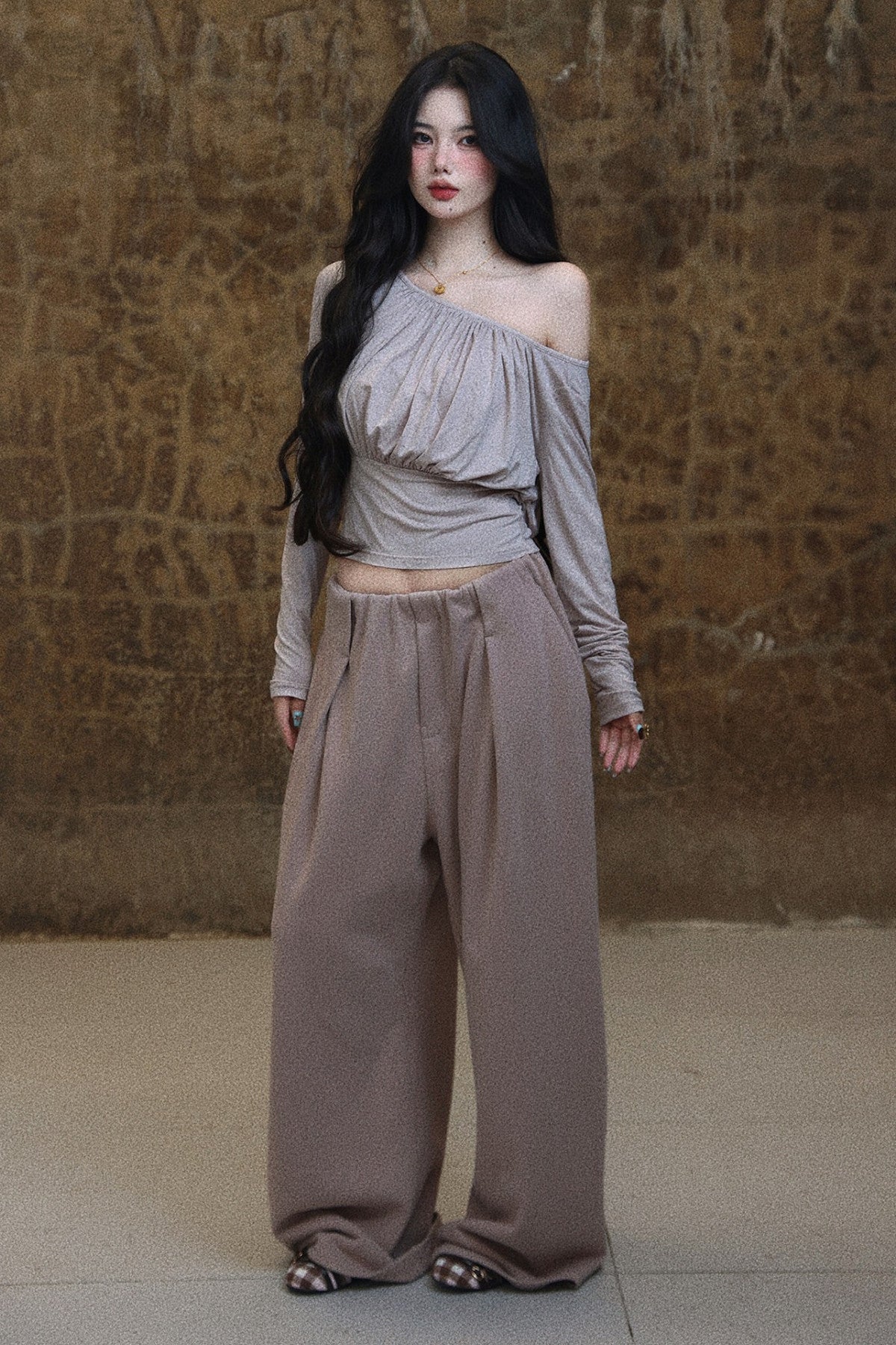 Light Gray Pink Drawstring Waist T-Shirt