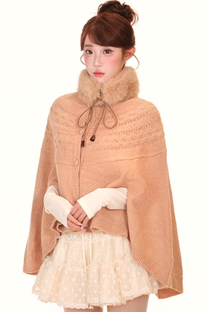 Camel Twisted Wool Knit Cape and Furry Scarf Set