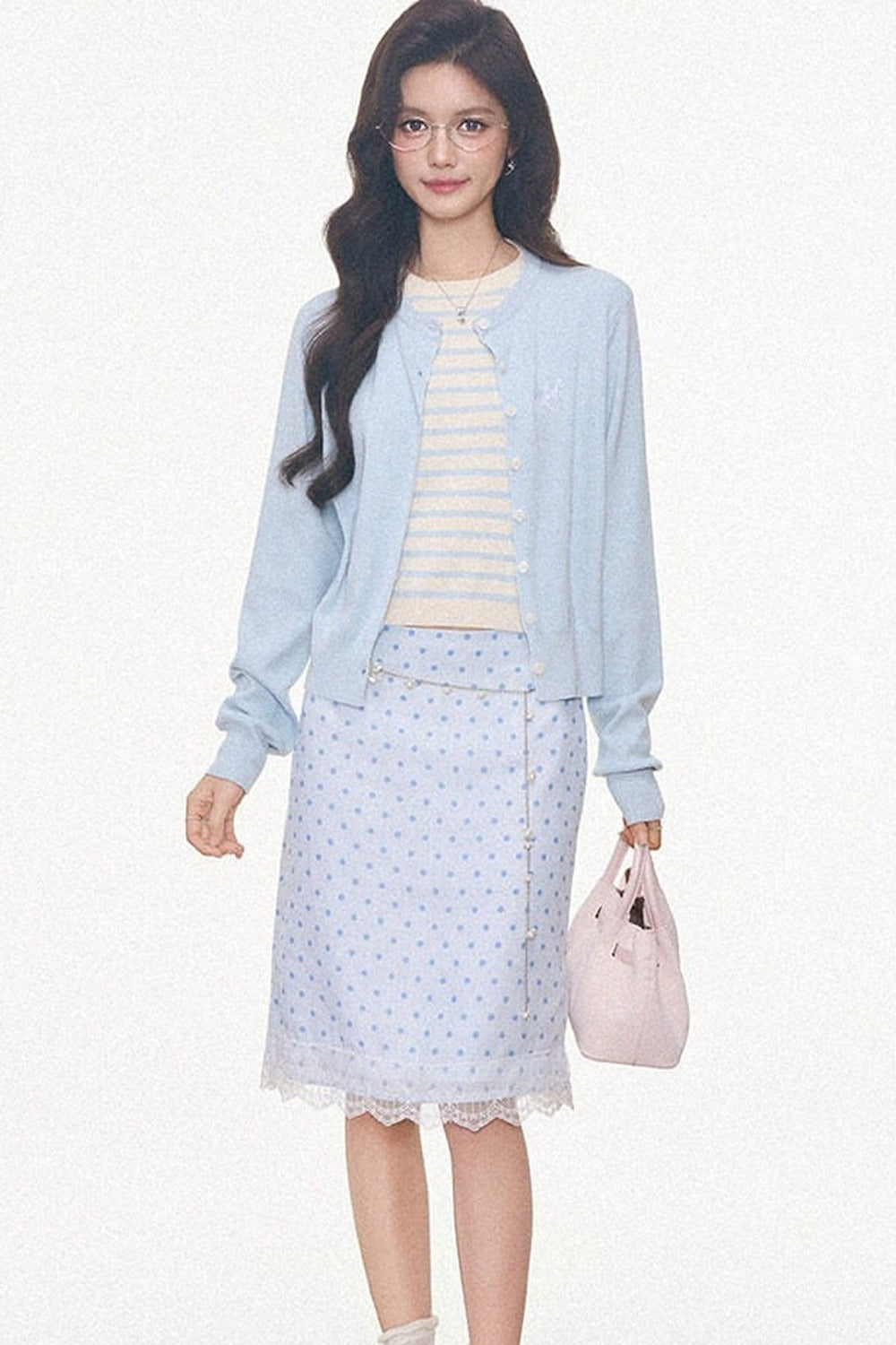 Light Blue Knitted Cardigan and Polka Dot Midi Skirt Set-Up
