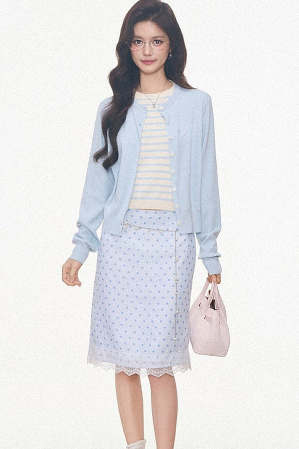 Light Blue Knitted Cardigan and Polka Dot Midi Skirt Set-Up