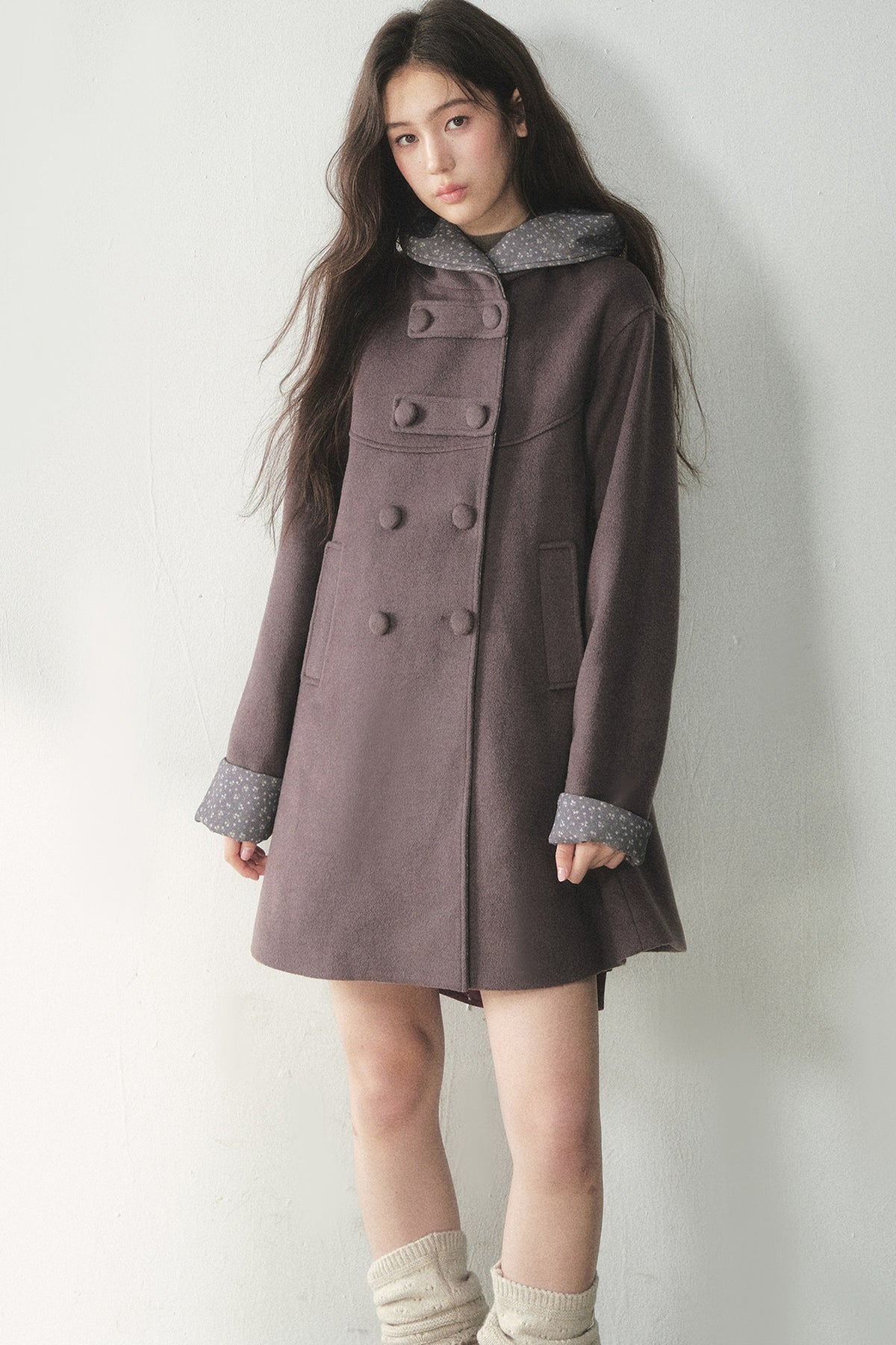 Double-Breasted Woolen Hooded Coat