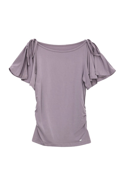 Purple Tie Flutter Sleeve Top and Denim Pants Set-Up