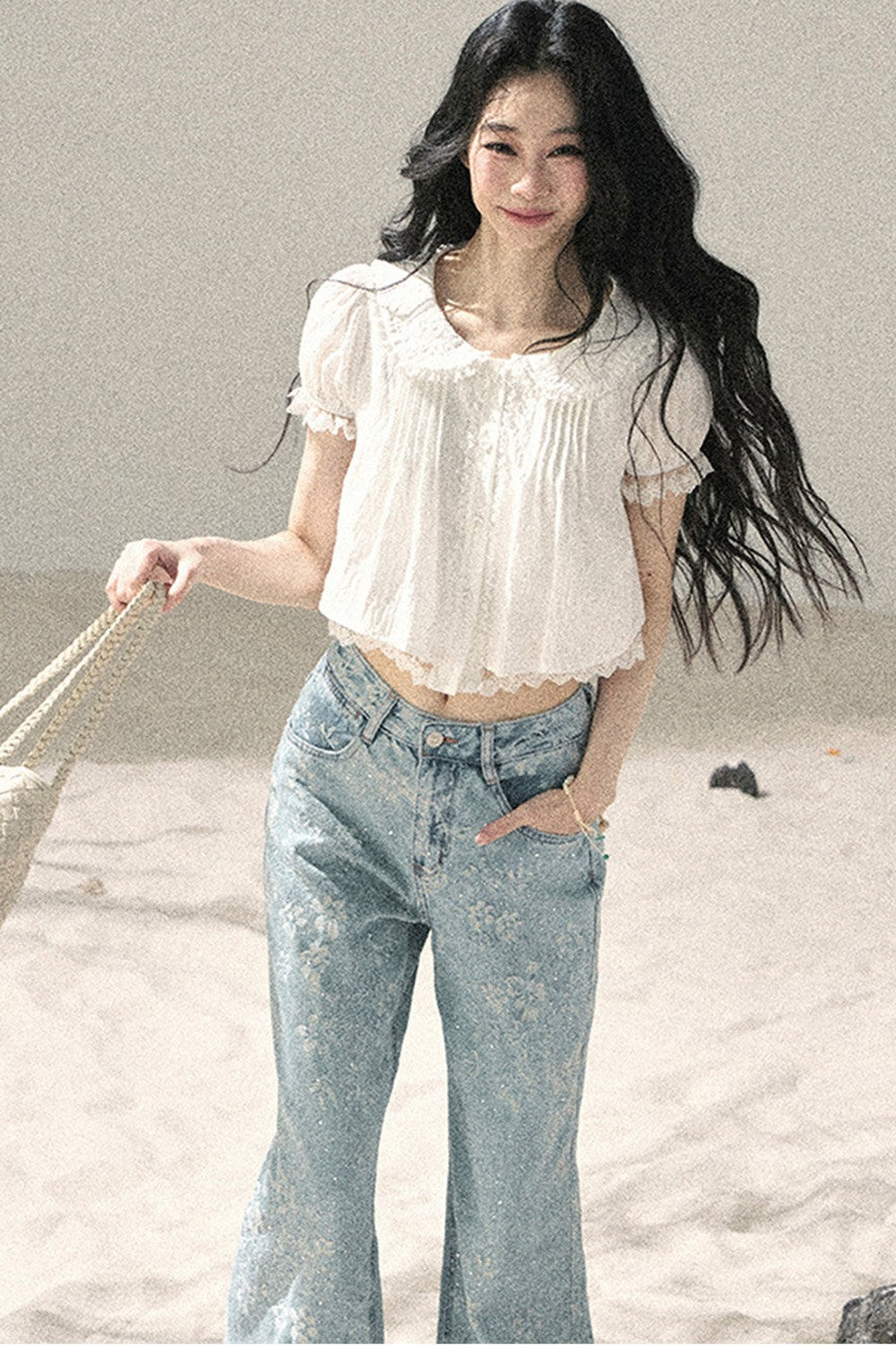 French Style Lace Puff Sleeve Blouse
