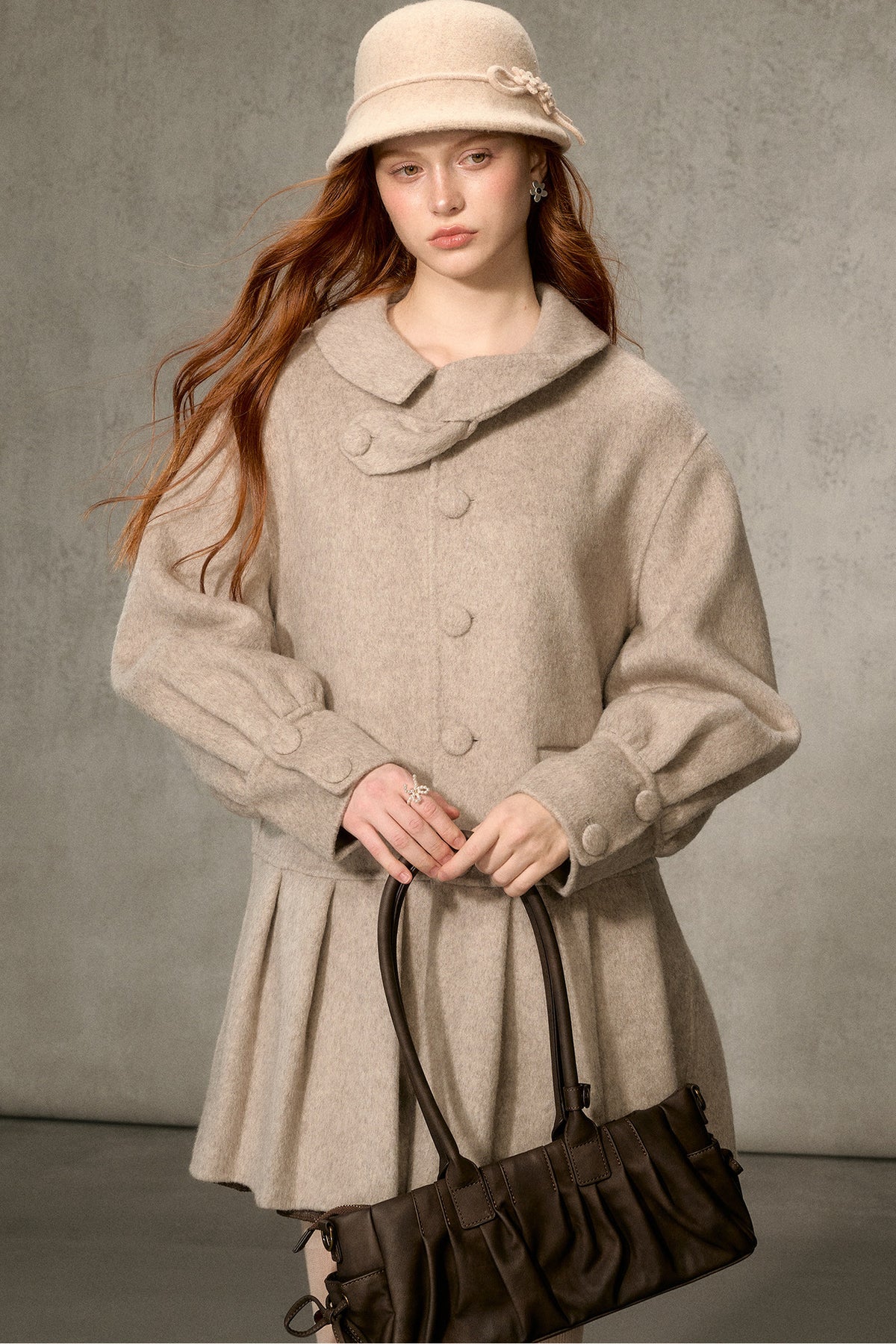 70% Wool Blend Double-Sided Pleated Coat