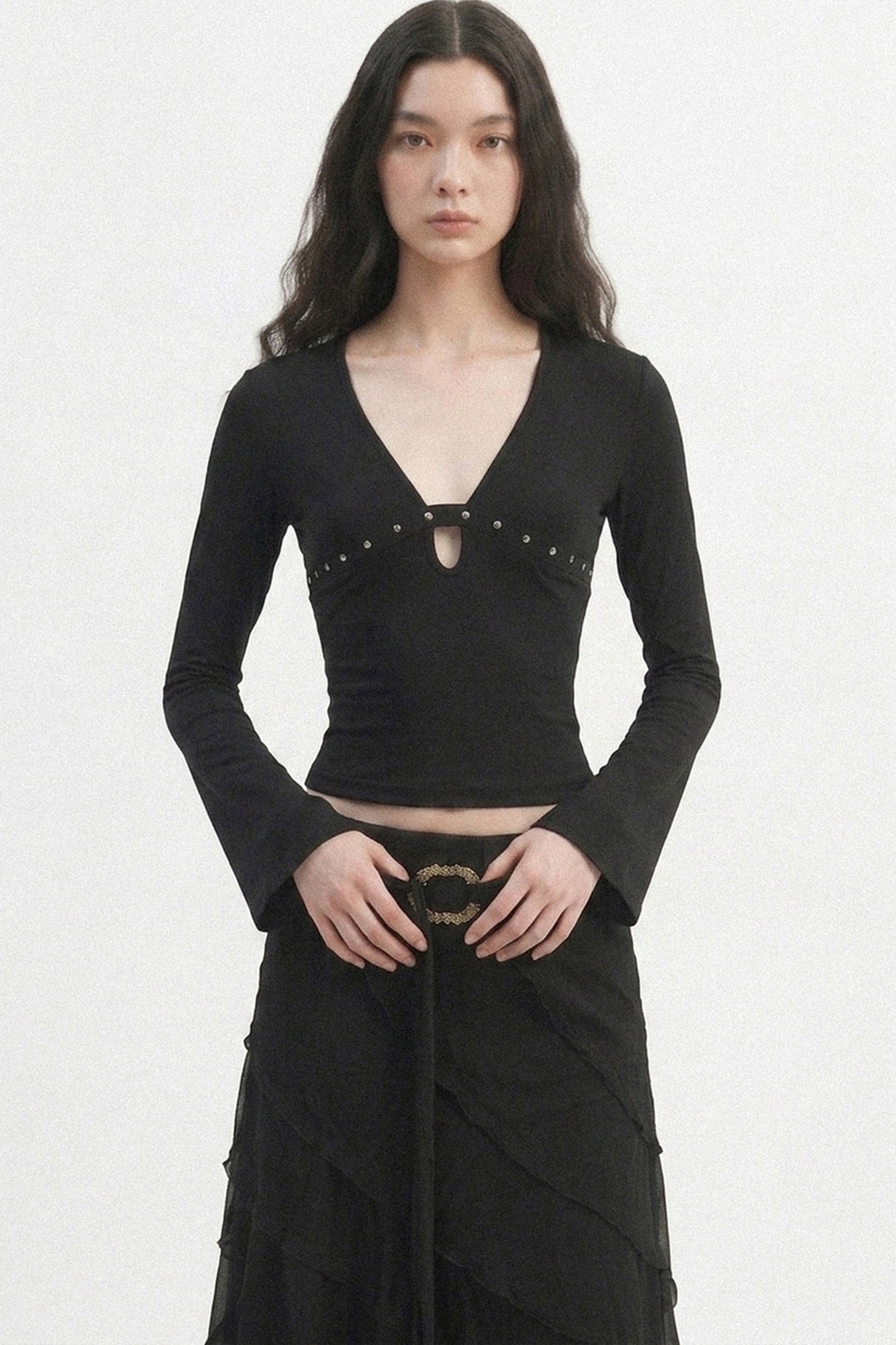 V-Neck Hollow-Out Long-Sleeve Top